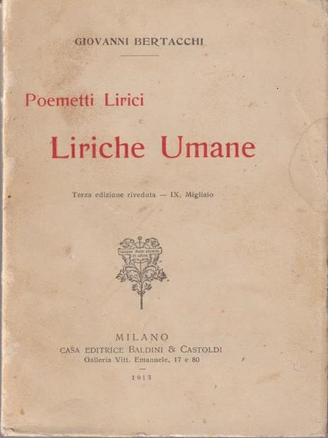 Poemetti lirici e liriche umane - Giovanni Bertacchi - copertina