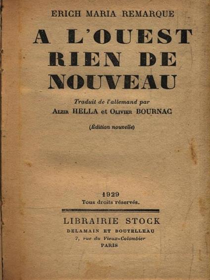 A l'ouest rien de nouveau - Erich Maria Remarque - copertina