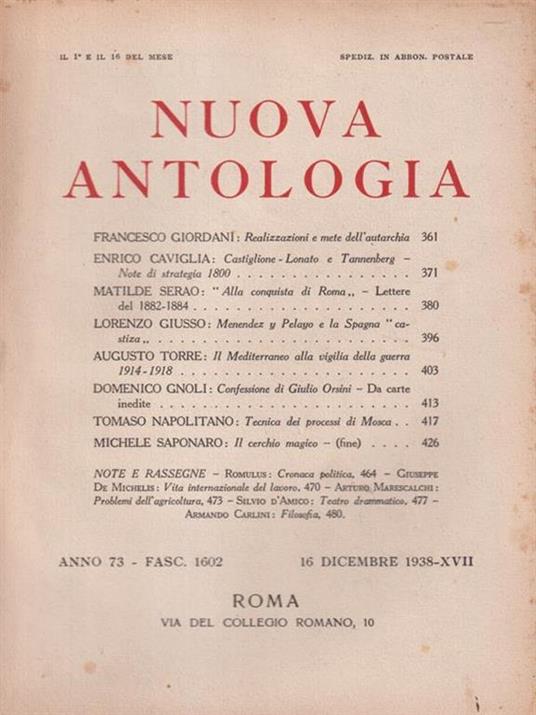   Nuova antologia anno 73 16 dicembre 1938 - Luigi Federzoni - copertina