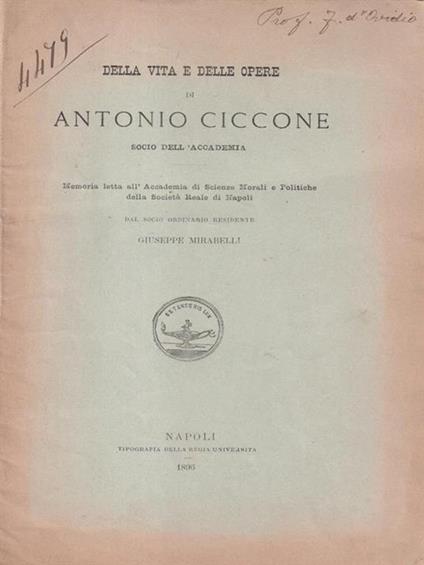 Della vita e delle opere di Antonio Ciccone - Giuseppe Mirabelli - copertina