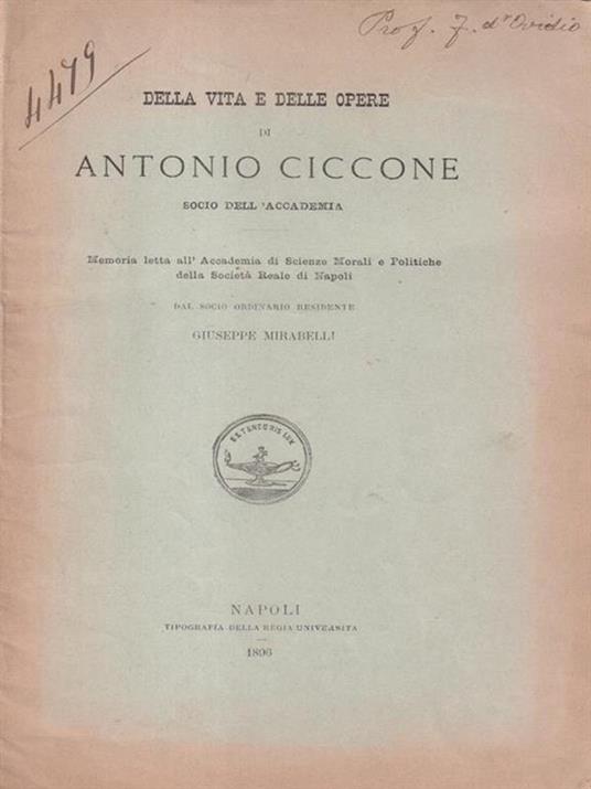 Della vita e delle opere di Antonio Ciccone - Giuseppe Mirabelli - copertina