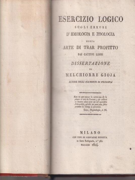   Esercizio logico sugli errori d'ideologia e zoologia, ossia arte di trar profitto dai cattivi libri - Melchiorre Gioja - copertina