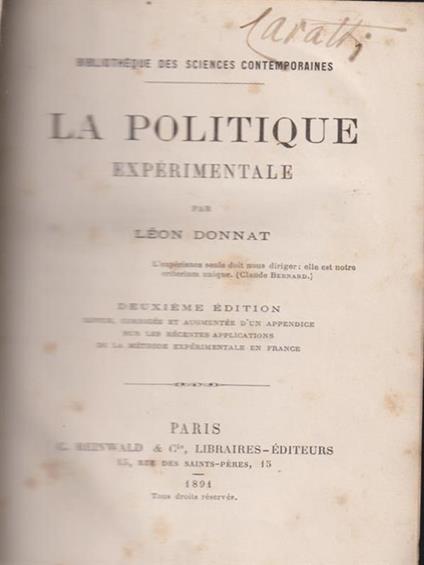 La politique experimentale - Leon Donnat - copertina