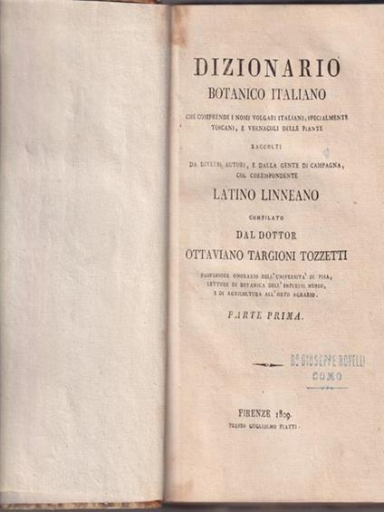   Dizionario botanico italiano - Ottaviano Targioni Tozzetti - copertina