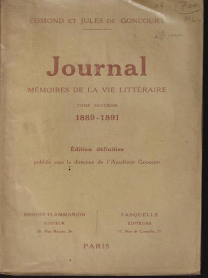   Journal memories de la vie litteraire tome VIII 1889-1891 - Goncourt - copertina