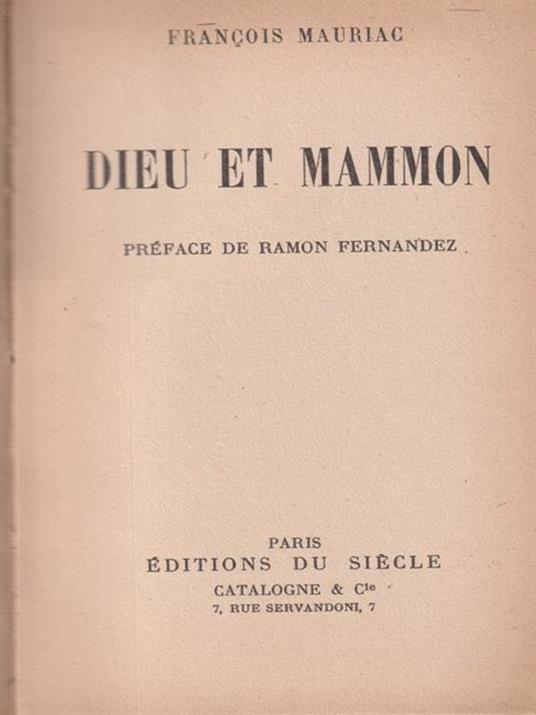 Dieu et mammon - Francois Mauriac - copertina