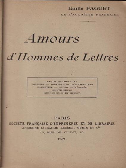 Amours d'hommes de lettres - Emile Faguet - copertina