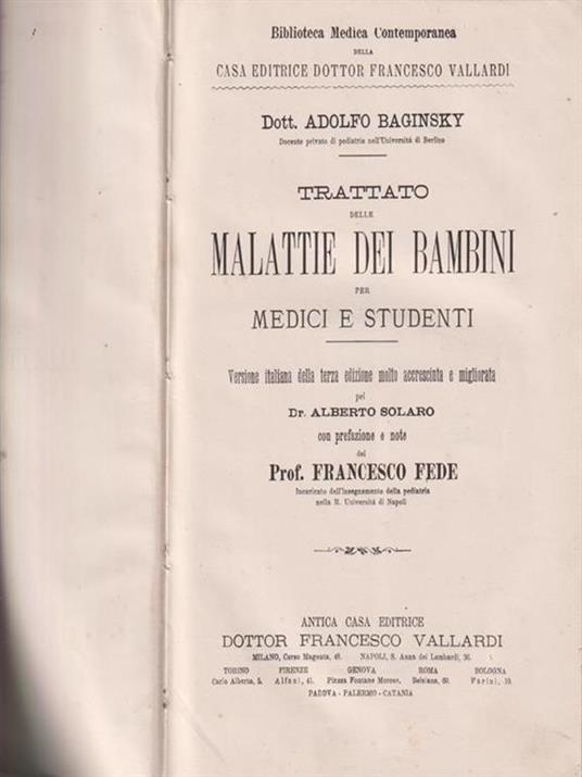   Trattato delle malattie dei bambini per medici e studenti - Adolfo Baginsky - copertina