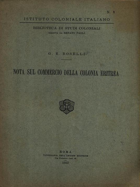 Nota sul commercio della colonia eritrea - G. E. Boselli - copertina
