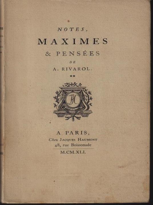 Notes, maximes & pensees - Antoine Rivarol - copertina