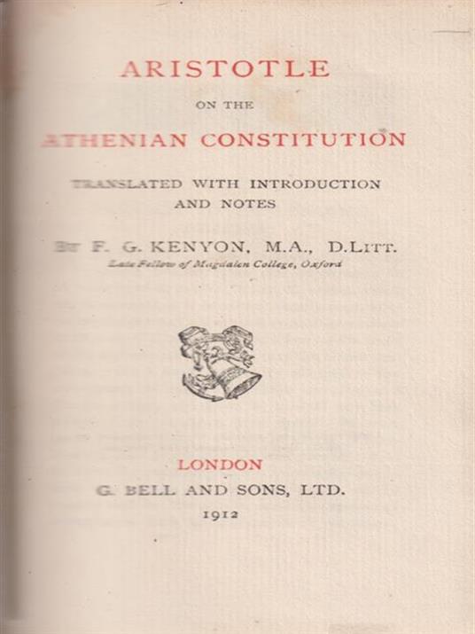 Aristotle on the Athenian Constitution - F.G. Kenyon - copertina