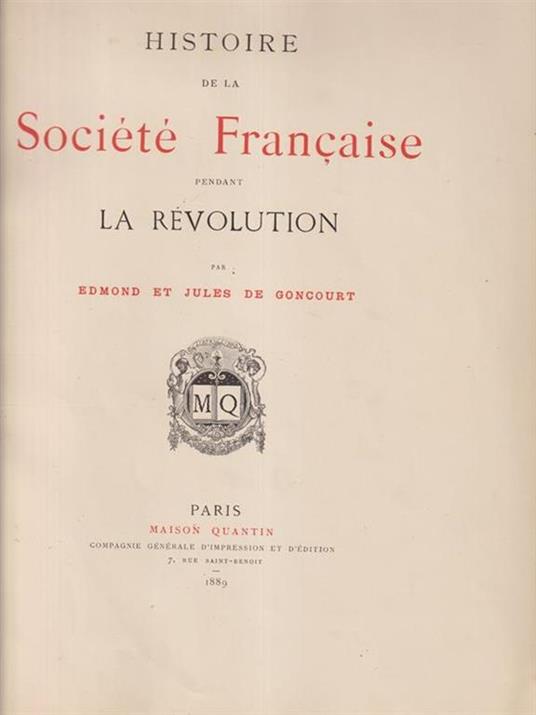 Histoire de la societe francaise pendant la revolution - Edmond de Goncourt - copertina