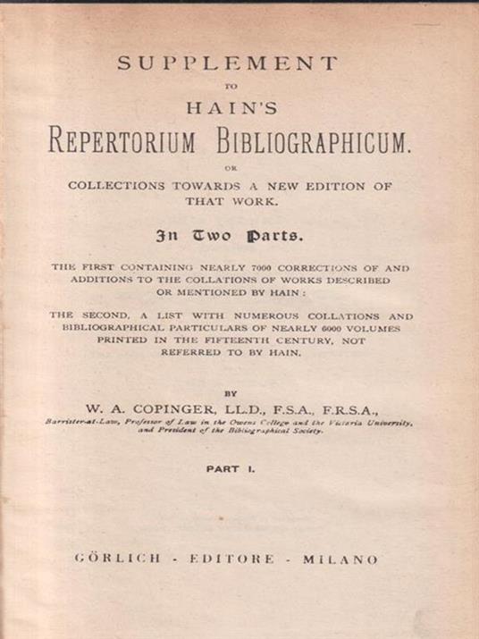   Supplement to Hain's Repertorium Bibliographicum 3 voll. - Walter Arthur Copinger - copertina