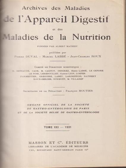   Archives des maladies de l'appareil digestif et de la nutrition 1931 2vv - copertina