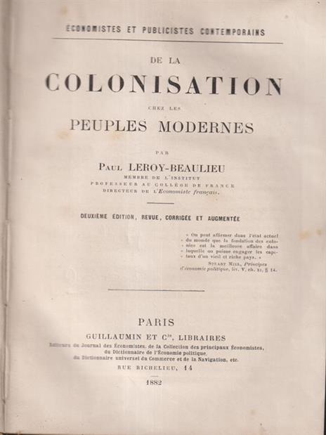 De la colonisation chez les peuples modernes - Paul Leroy-Beaulieu - copertina