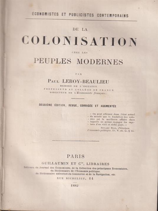 De la colonisation chez les peuples modernes - Paul Leroy-Beaulieu - copertina