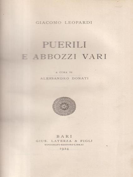 Puerili e abbozzi vari - Giacomo Leopardi - copertina