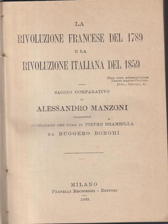 La rivoluzione francese del 1789 e la rivoluzione italiana del 1859 - Alessandro Manzoni - copertina