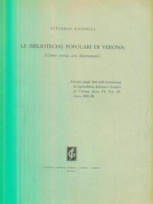 Le biblioteche popolari di Verona. Estratto - Vittorio Fainelli - copertina