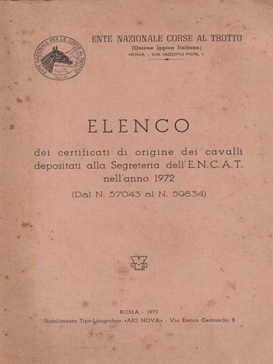   Elenco dei certificati di origine dei cavalli depositati Segreteria E.N.C.A.T -   - copertina