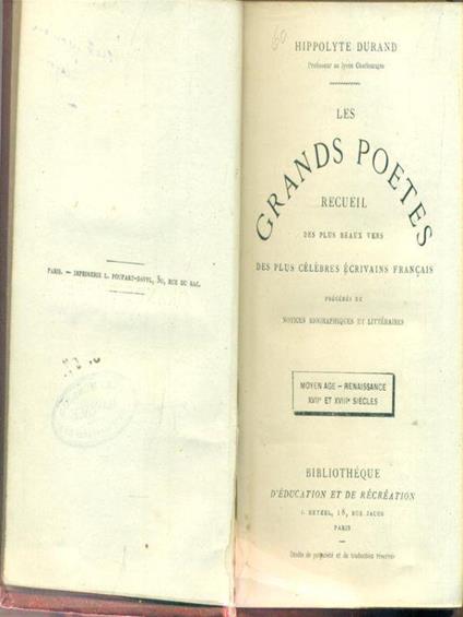 Les grands poetes recueil des plus beaux vers des plus célèbres écrivains français - Hippolyte Durand - copertina
