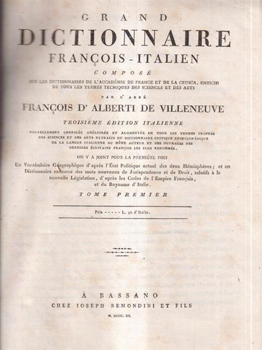 Grand dictionnaire francois-italien - Grande dizionario italiano-francese 2 vv - Francesco Alberti di Villanova - copertina