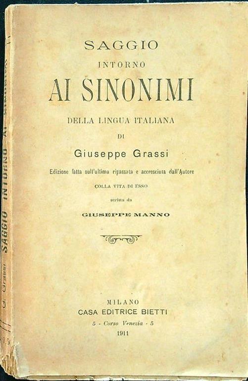 Saggio intorno ai sinonimi - Giuseppe Grassi - copertina