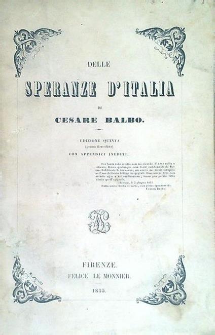 Delle speranze d'Italia - Cesare Balbo - copertina