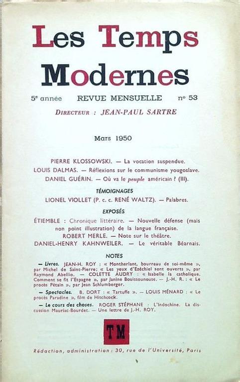 Les Temps Modernes - n. 53/Mars 1950 - copertina