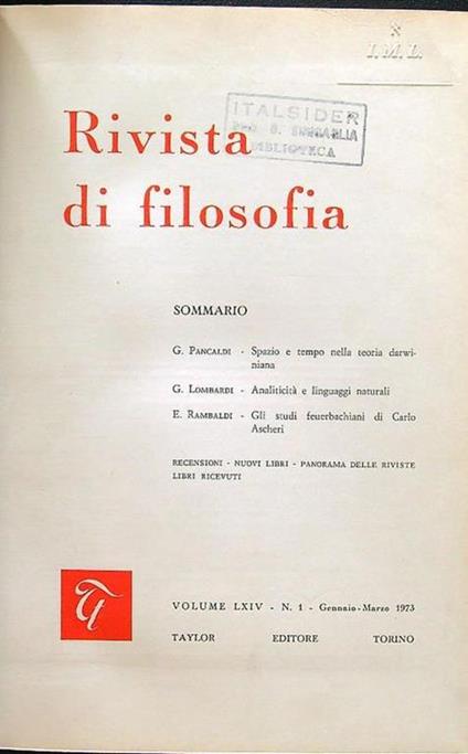 Rivista di filosofia annata 1973 - copertina