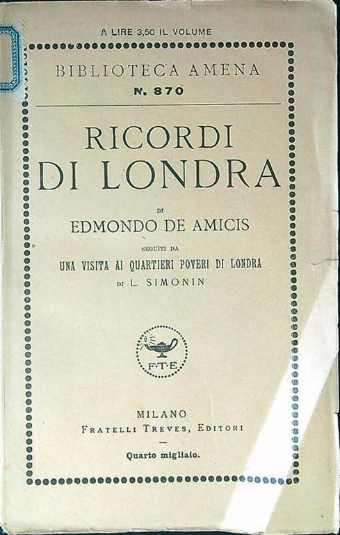 Ricordi di Londra - Edmondo De Amicis - copertina