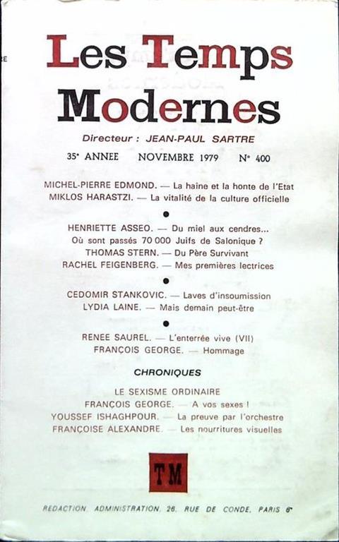 Les Temps Modernes - N. 400/Novembre 1979 - copertina