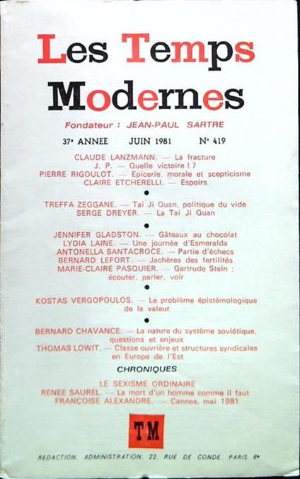 Les Temps Modernes - N. 419/Juin 1981 - copertina