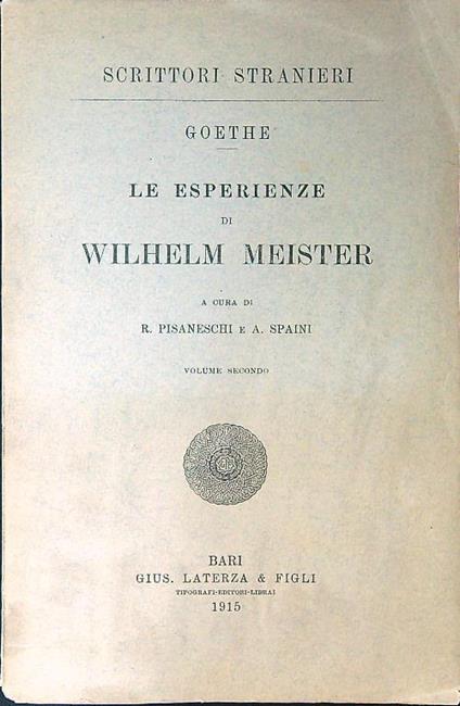 Le esperienze di Wilhelm Meister vol. II - Johann Wolfgang Goethe - copertina
