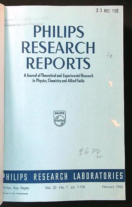 Philips Research Reports n. 20 1965 - copertina