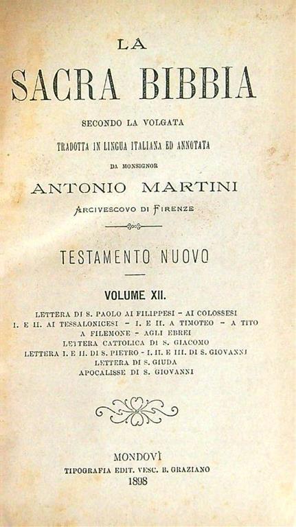 Sacra Bibbia secondo la volgata. Nuovo testamento vol. XII - Antonio Martini - copertina