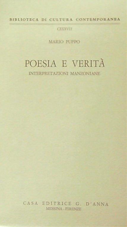 Poesia e verità. Interpretazioni manzoniane - Mario Puppo - copertina
