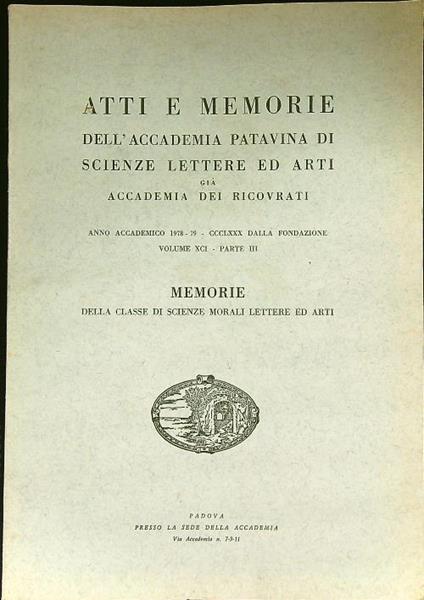 Atti e memorie dell'Accademia Patavina di Scienze lettere ed arti n. XCII parte III - copertina