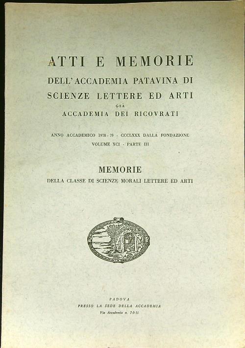 Atti e memorie dell'Accademia Patavina di Scienze lettere ed arti n. XCII parte III - copertina