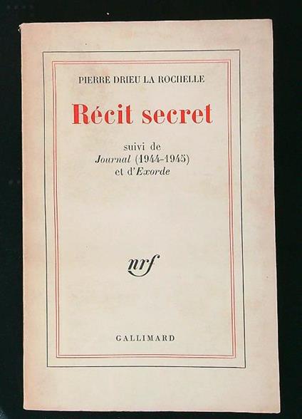 Recit secret - Pierre Drieu La Rochelle - copertina