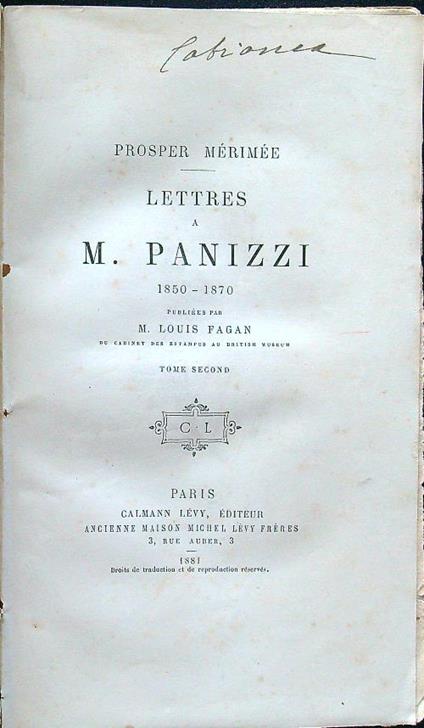 Lettres a M. Panizzi 1850-1870 tome second - Prosper Mérimée - copertina