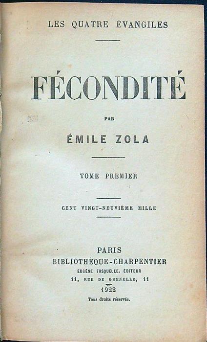 Feconditè tome premier - Émile Zola - copertina
