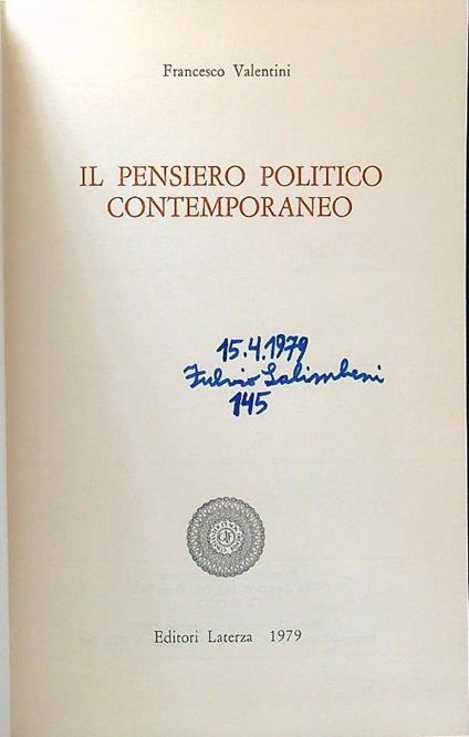 Il pensiero politico contemporanea - Francesco Valentini - copertina