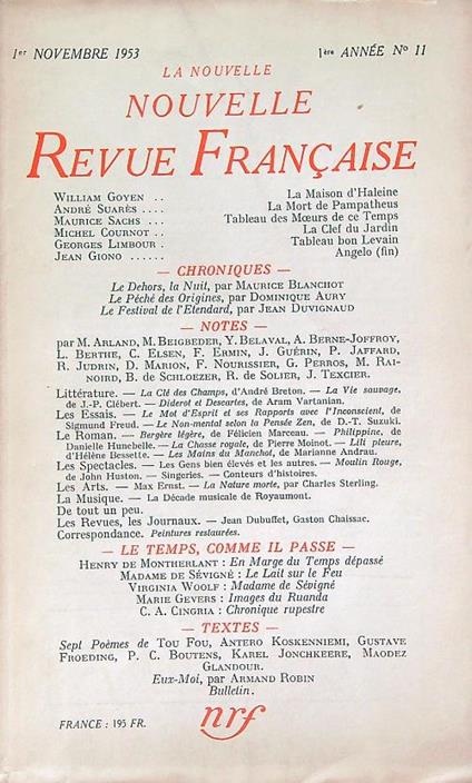 La Nouvelle Revue Francaise 11/novembre 1953 - copertina