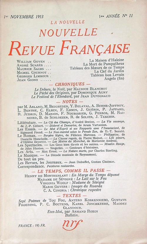 La Nouvelle Revue Francaise 11/novembre 1953 - copertina