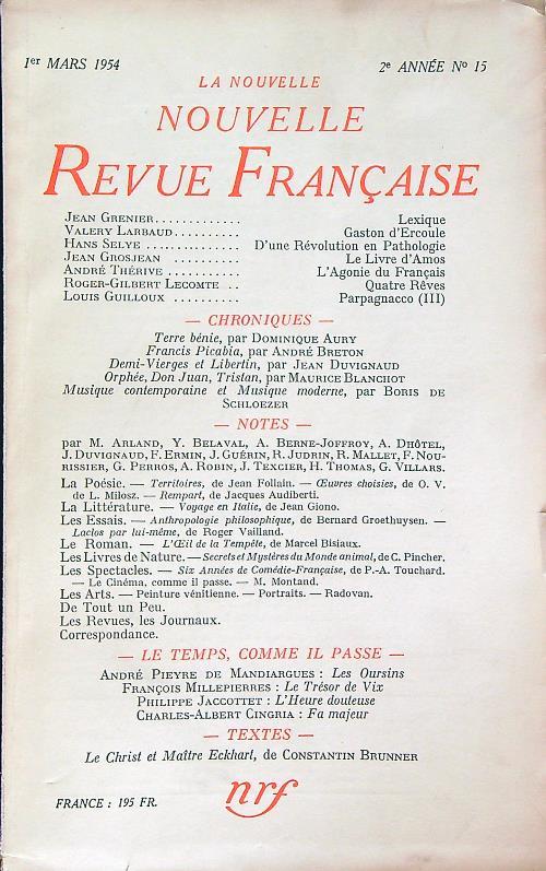 La Nouvelle Revue Francaise 15/mars 1954 - copertina