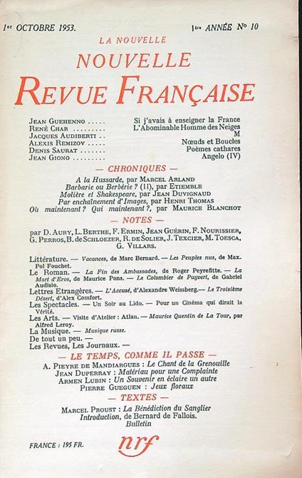 La Nouvelle Revue Francaise 10/octobre 1953 - copertina