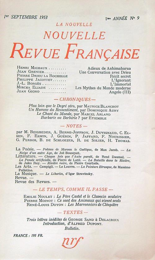 La Nouvelle Revue Francaise 9/septembre 1953 - copertina