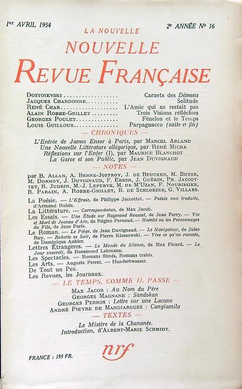 La Nouvelle Revue Francaise 16/avril 1954 - copertina