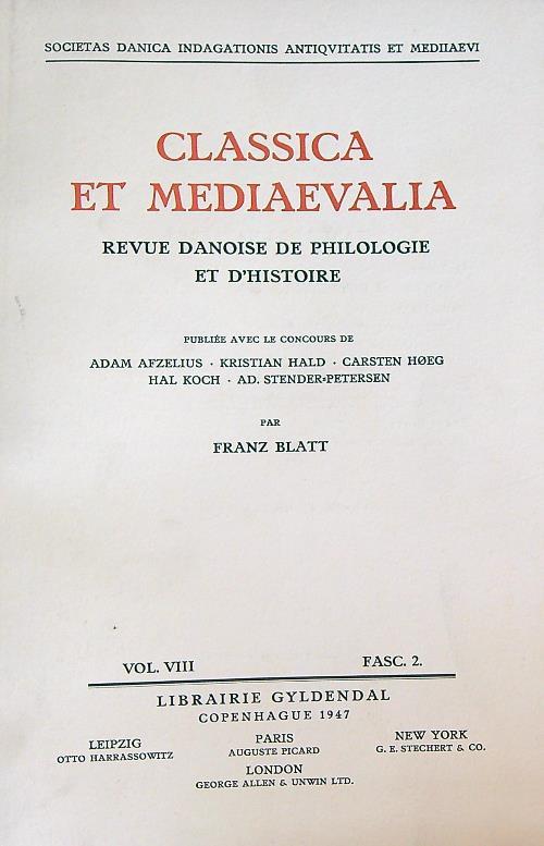 Classica et Mediaevalia vol VIII/Fasc 2 - copertina